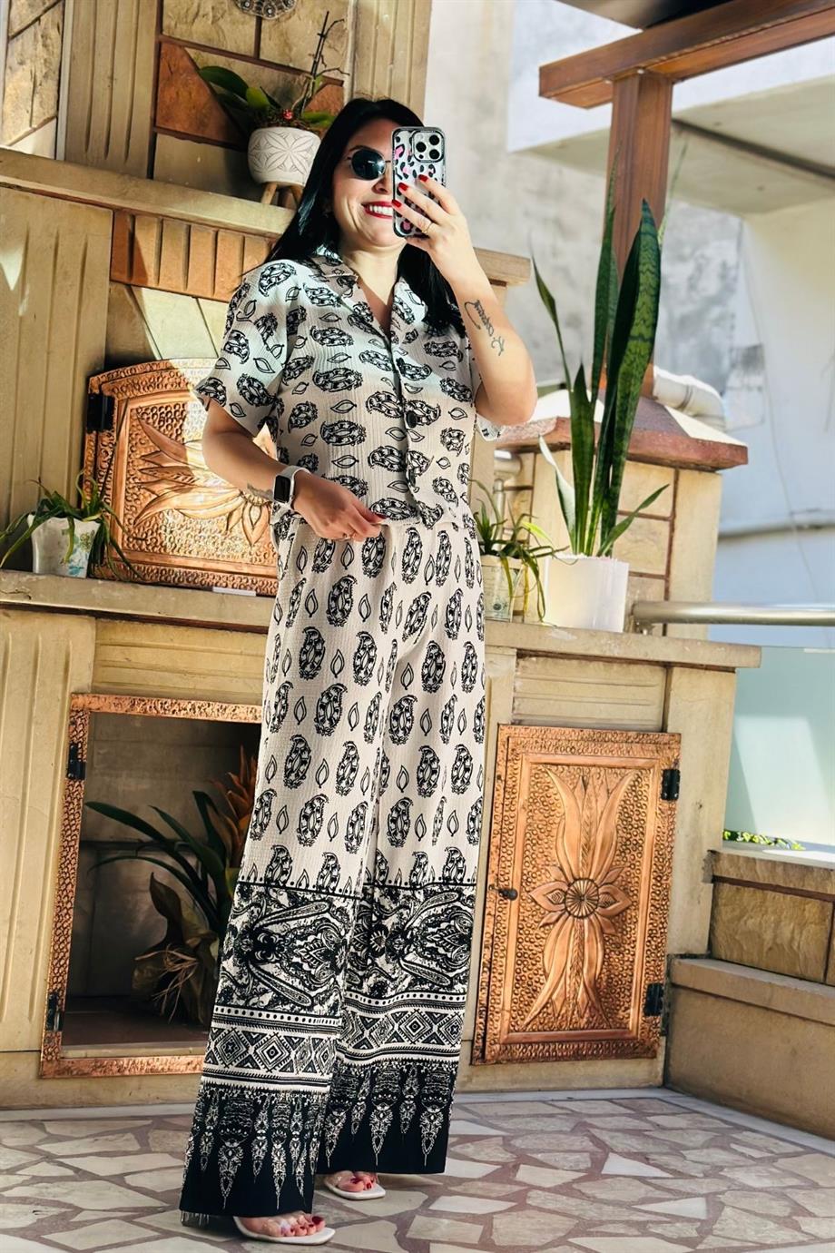 Etnik Desenli Palazzo 2 li Takım SİYAH