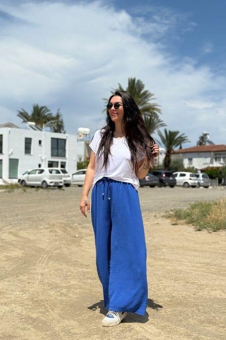 Bel Lastikli Palazzo Model Ayrobin Kumaş Pantolon Indıgo Mavi