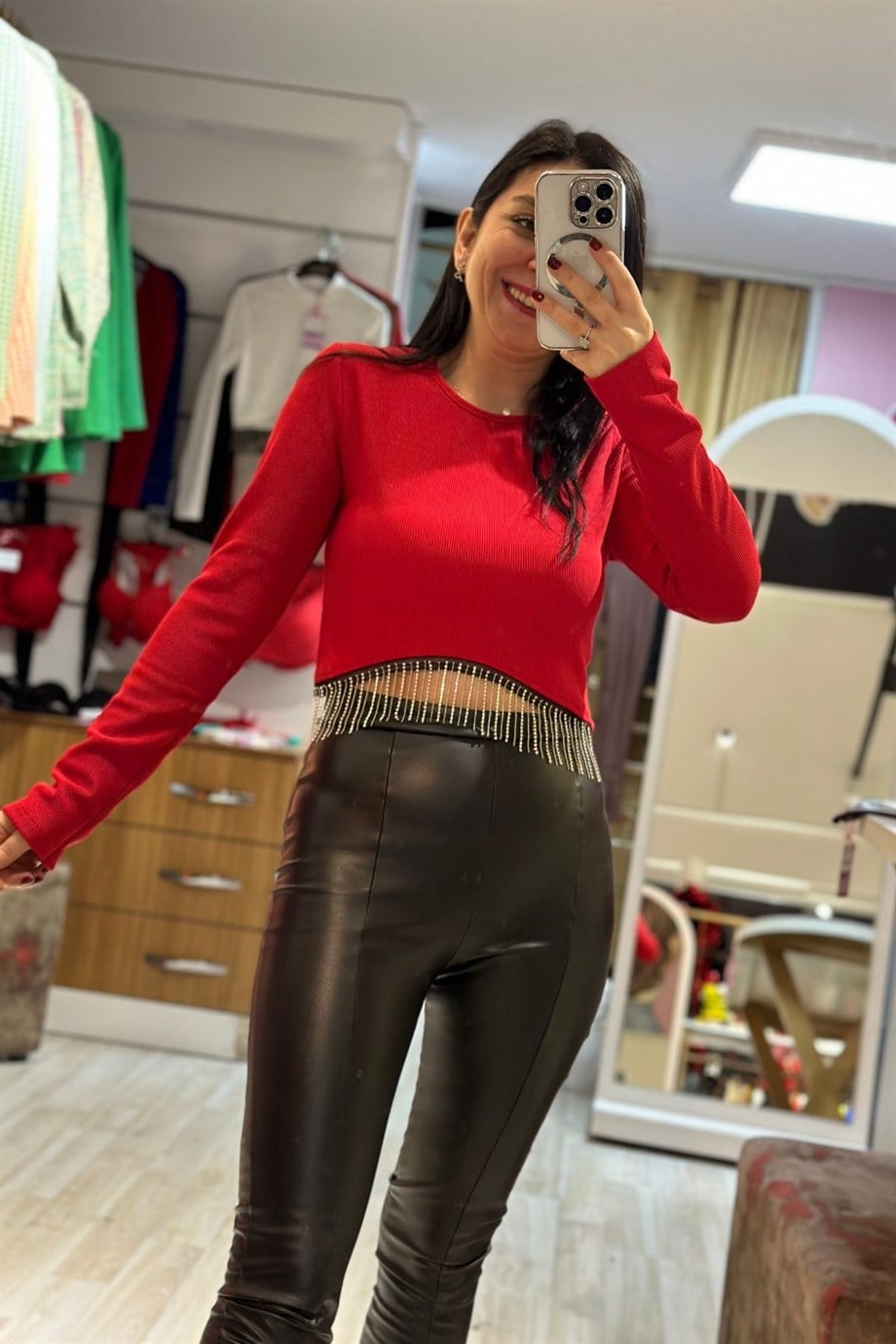 Bisiklet Yaka Fitilli Uzun Kol Etek Taş Püskül Crop Bluz Kırmızı