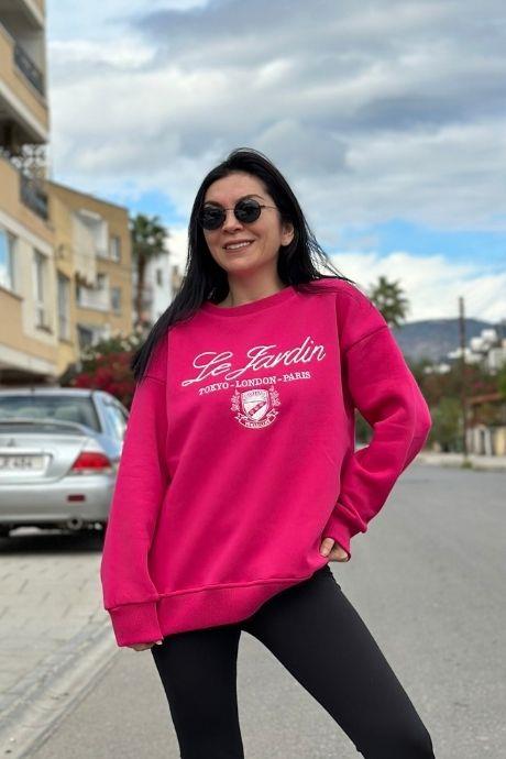 Le Fardin Yazı Nakışlı Rahat Kalıp Bisiklet Yaka Sweatshirt FUŞYA