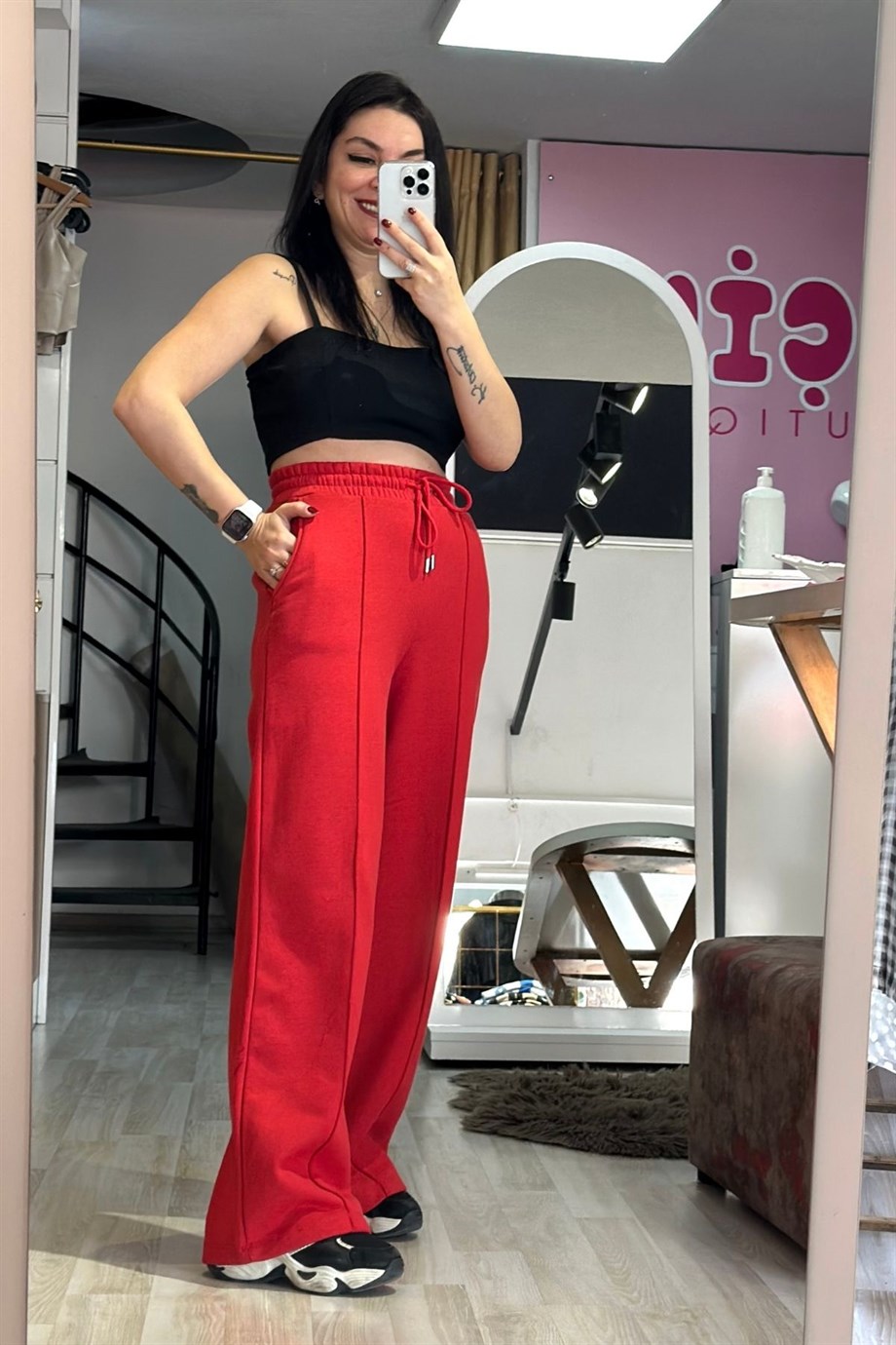 Yüksek Bel Bağcıklı Ön Çımalı Palazzo Eşofman Altı Kırmızı