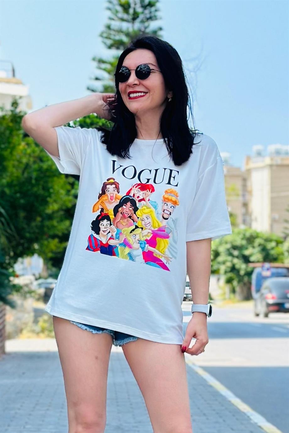 Bisiklet Yaka Prenses Baskılı Tshirt EKRU