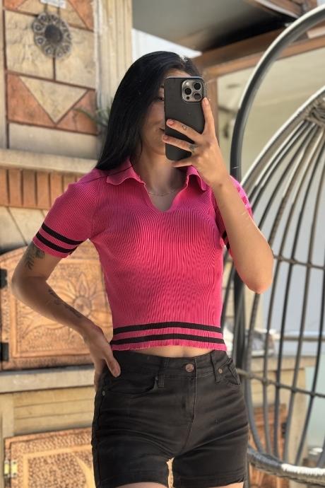 V Yaka Çift Şerit Detaylı Triko Crop Fuşya