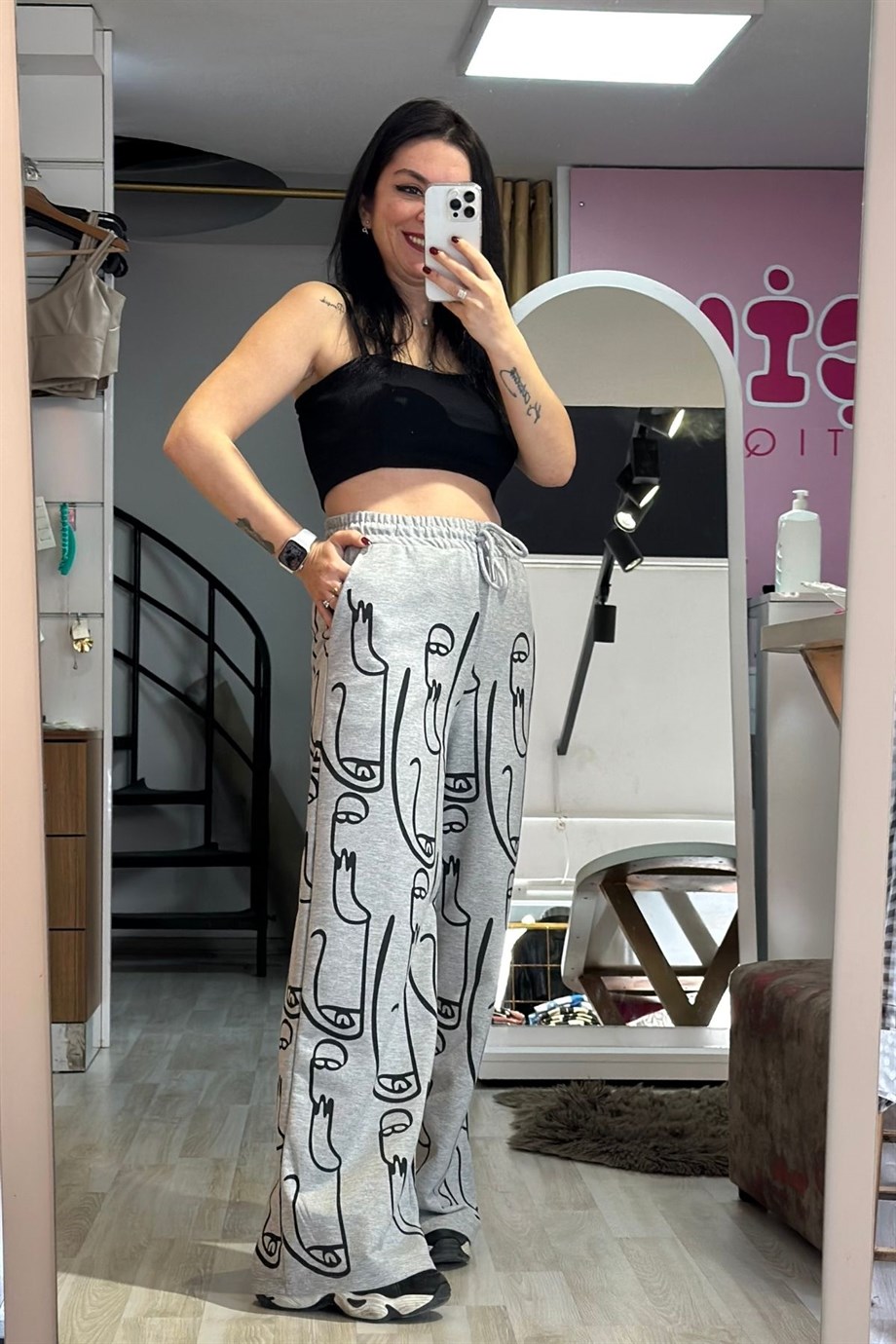 Slüet Baskılı Palazzo Model Rahat Kalıp Eşofman Gri