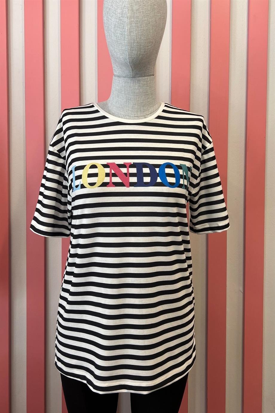 Bisiklet Yaka Çizgili London Yazı Baskılı Tshirt SİYAH