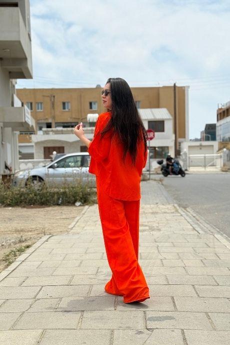 Gömlek Pantolon Keten Takım Panotolon Bel Lastikli Turuncu