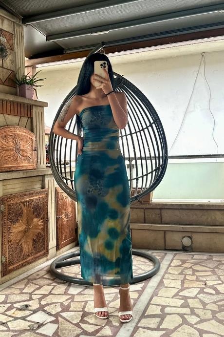 Straplez Model Tül Büzgülü Desenli Elbise Yeşil