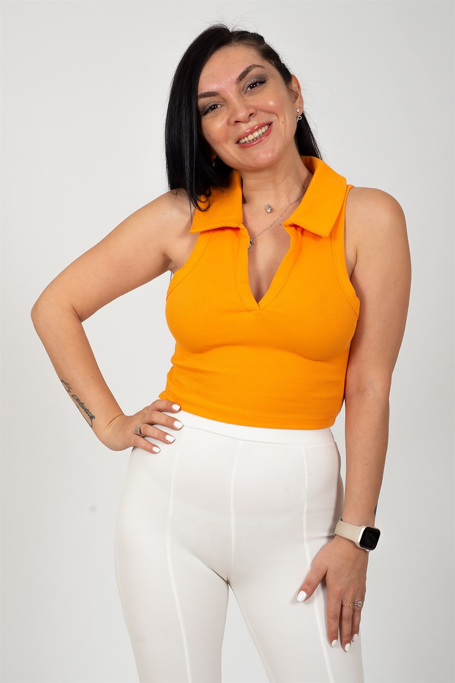 Turuncu V Dekolte Yakalı Kaşkorse Bluz