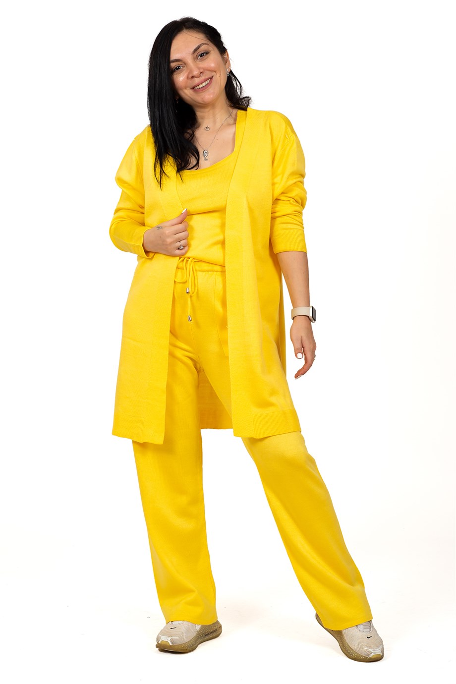 Sarı Beli Lastik Bağcıklı Crop Hırka Palazzo Pantolon 3'lü Triko Takım