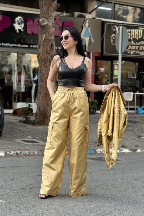 Bel lasit Ve İp Detaylı Kargo Cepli Plazzo Pantolon GOLD
