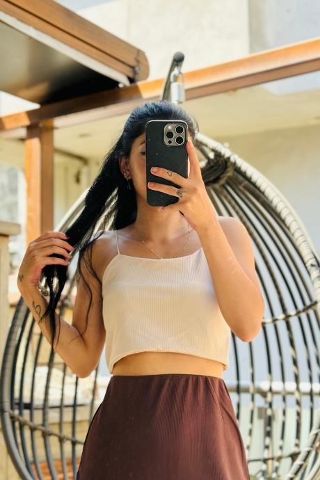 Lastik İp Askılı Kaşkorse Crop bej