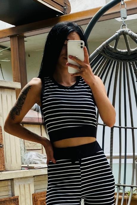 Çizgili Halter Yaka Crop Siyah
