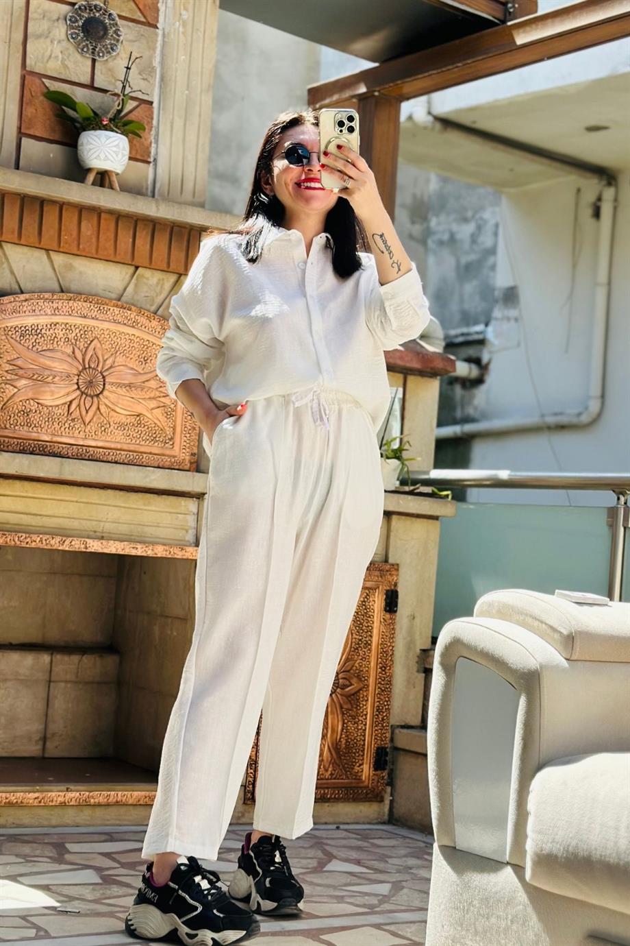 Oversize Kalıp Gömlek Şalvar İkili Takım BEYAZ