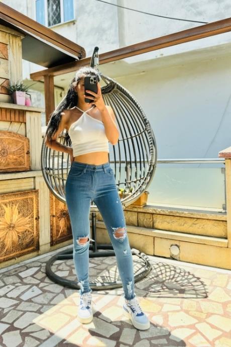 Mavi Skinny Jean Diz Yırtık Tasarım 