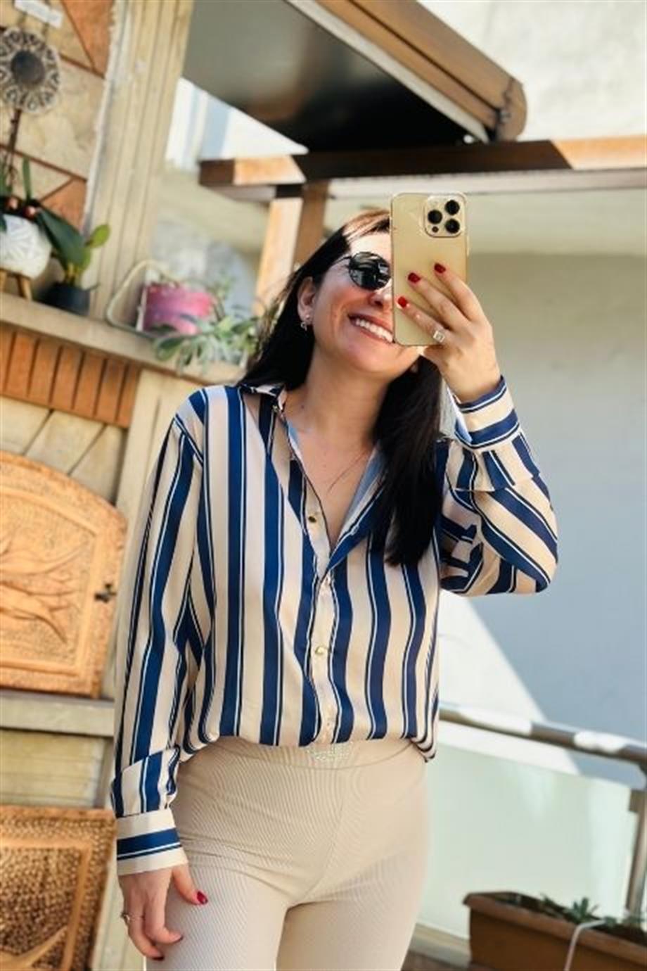 Ön Düğmeli Şeritli Saten Gömlek LACİVERT