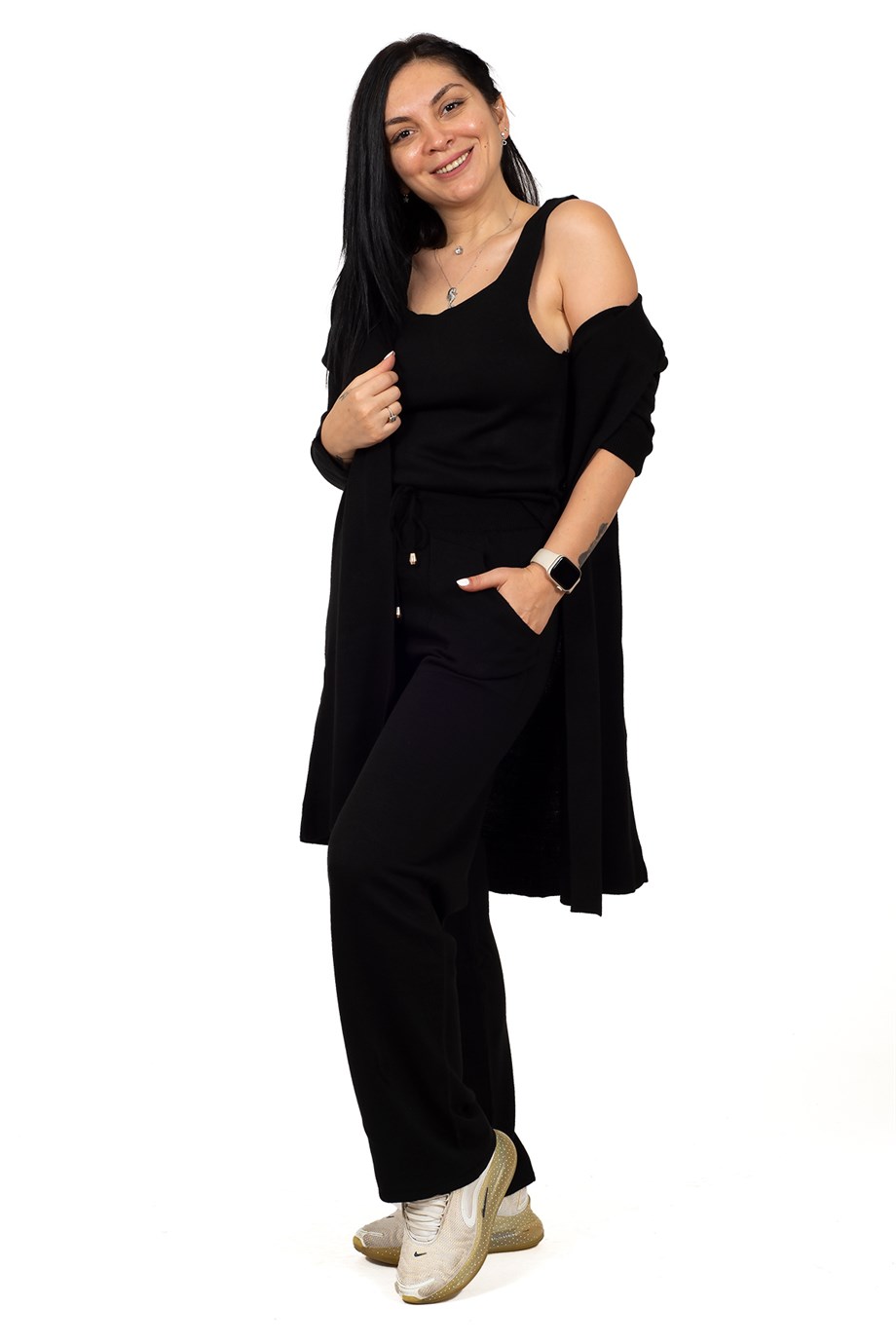 Siyah Beli Lastik Bağcıklı Crop Hırka Palazzo Pantolon 3'lü Triko Takım