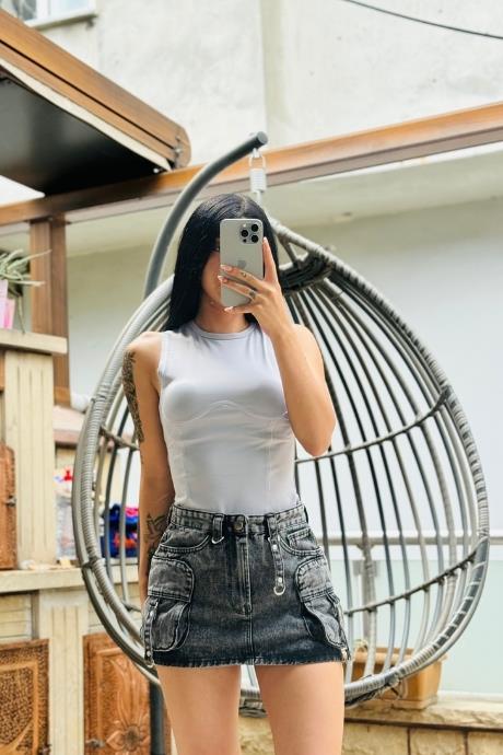 Dikiş Detaylı Çıtçıtlı Tasarım Bluz Gri