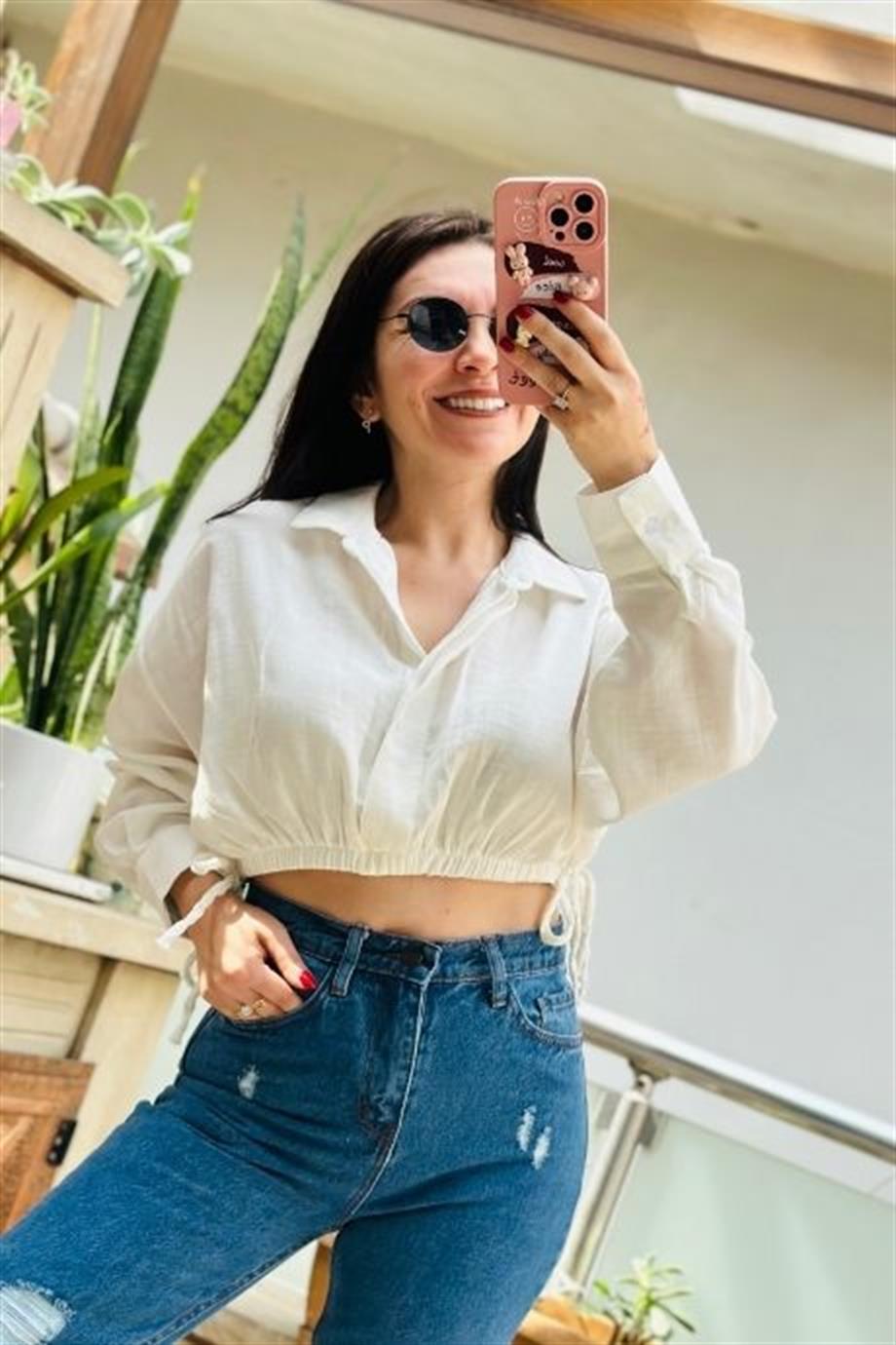 Beli Lastikli İp Detaylı Pamuklu Crop Gömlek EKRU