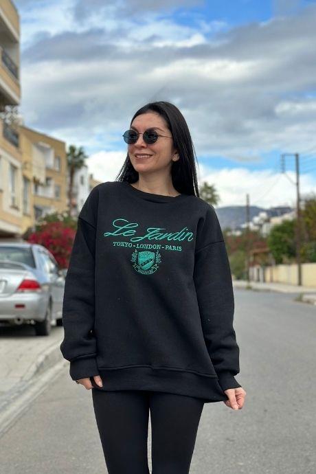 Le Fardin Yazı Nakışlı Rahat Kalıp Bisiklet Yaka Sweatshirt SİYAH