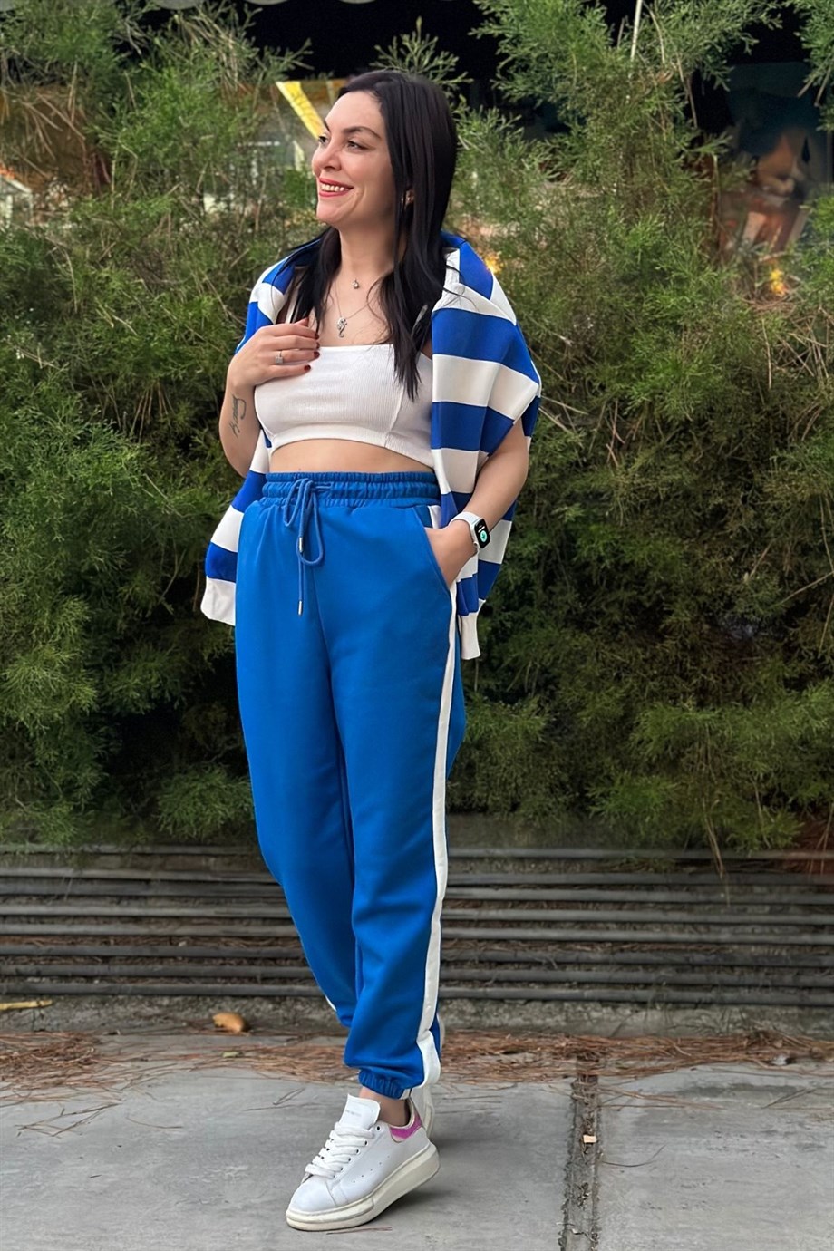 Yüksek Bel Bağcıklı Yanı Şerit Çift Renk Paça Lastik Eşofman Saks