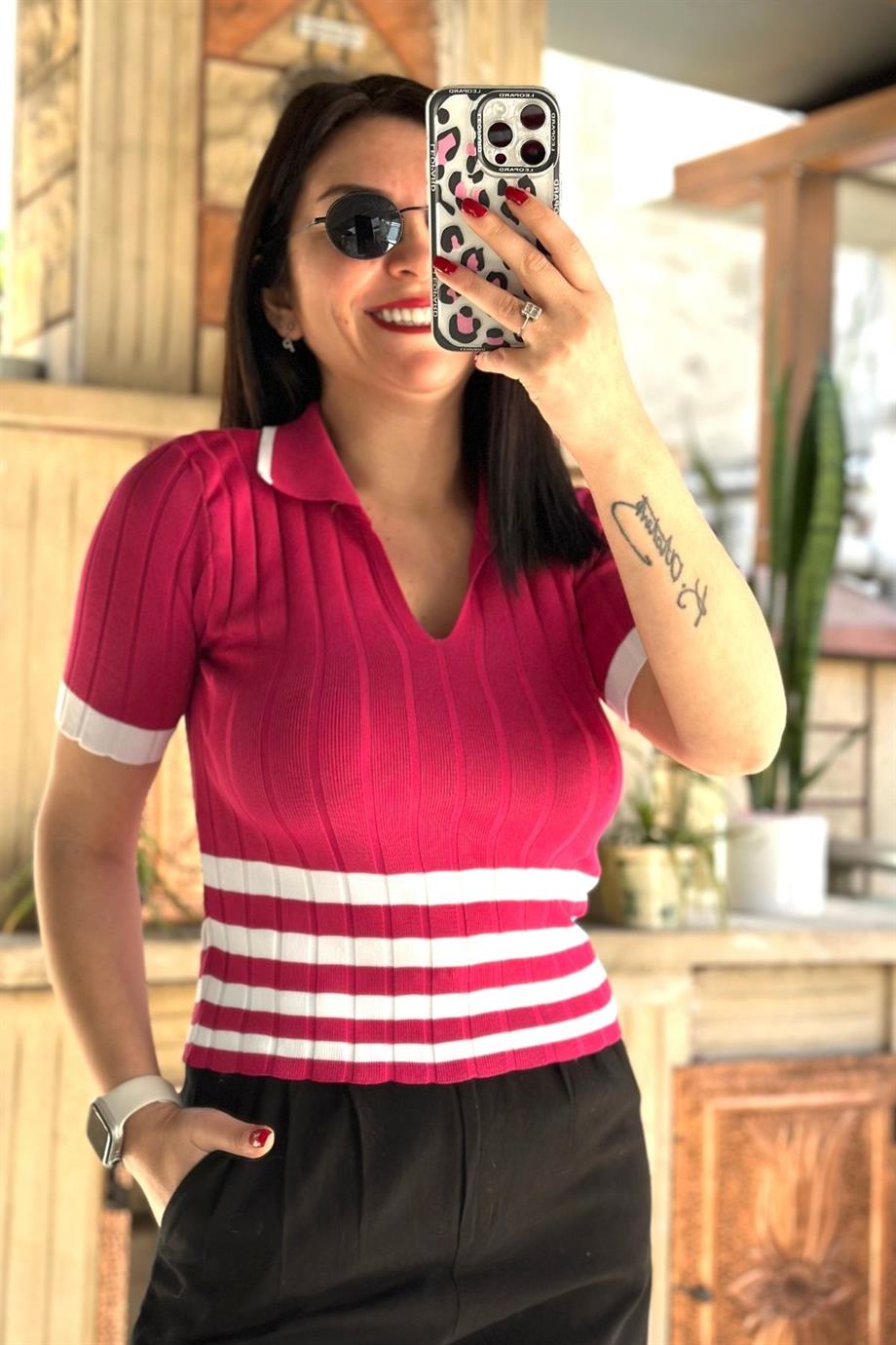 Triko Çizgili Bluz FUŞYA