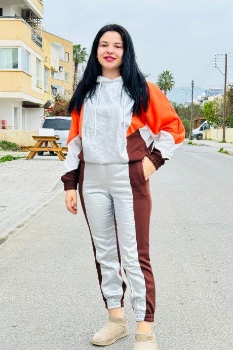 Parlak Renkli Şardonlu Alt Üst Eşofman Takım KAHVERENGİ