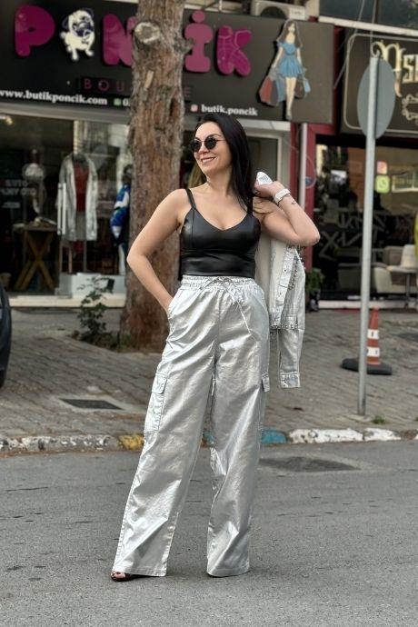 Bel lasit Ve İp Detaylı Kargo Cepli Plazzo Pantolon GÜMÜŞ