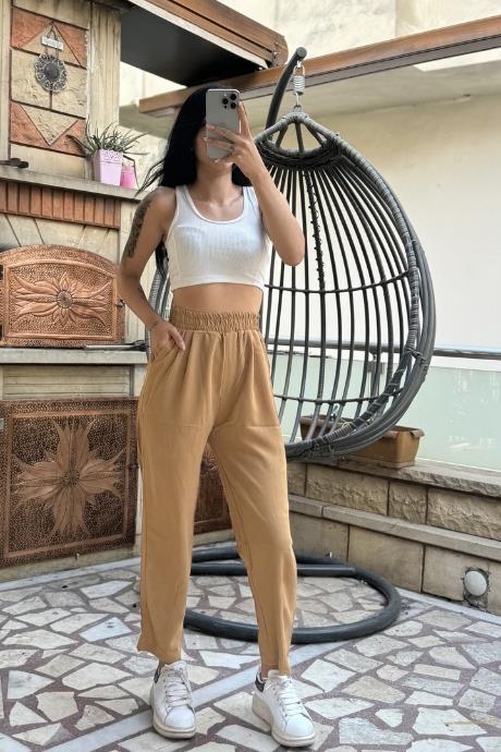 Beli Lastikli Ayrobin Kumaş Pantolon Camel 