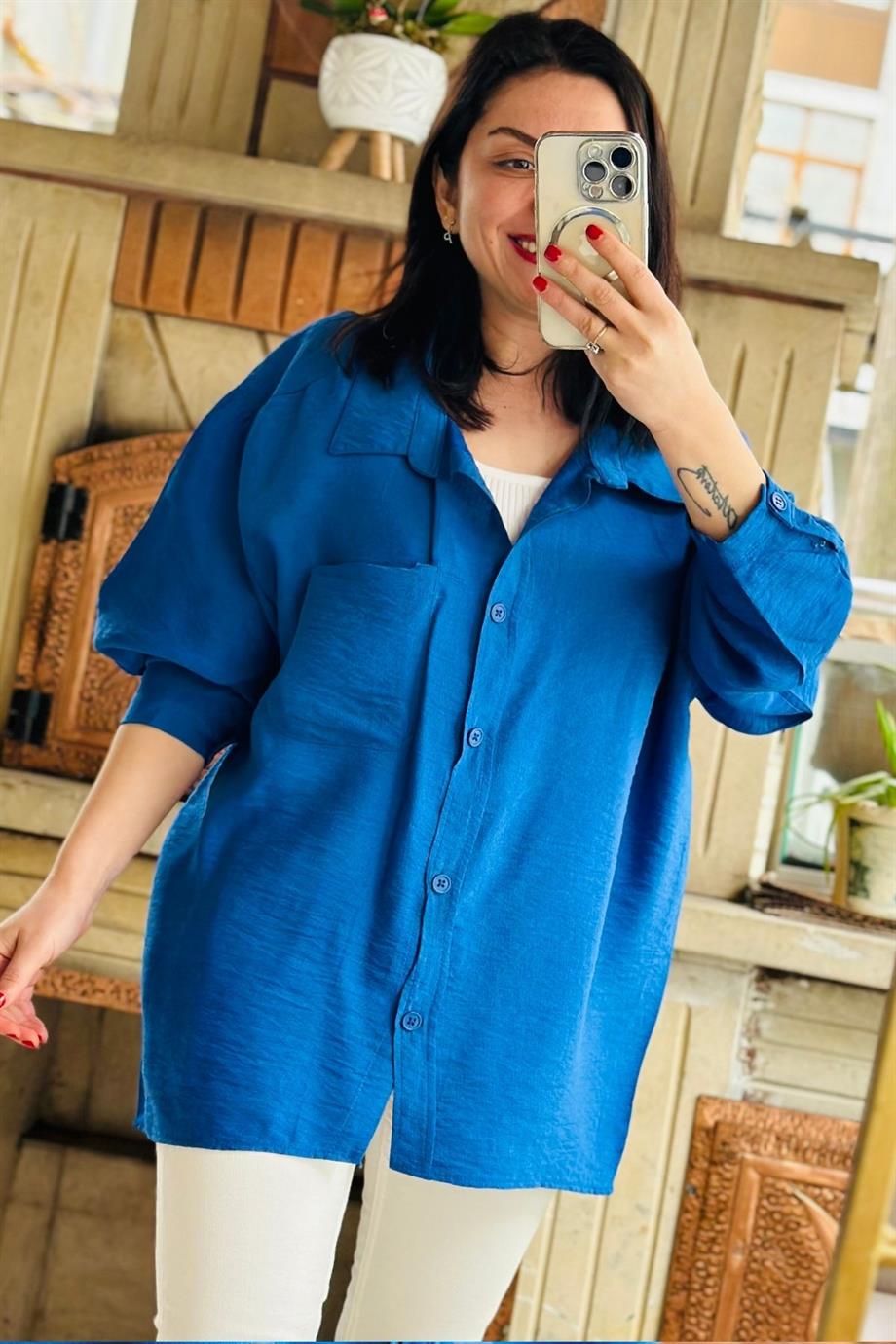 Salaş Oversize %100 Pamuklu Keten Kumaş Gömlek