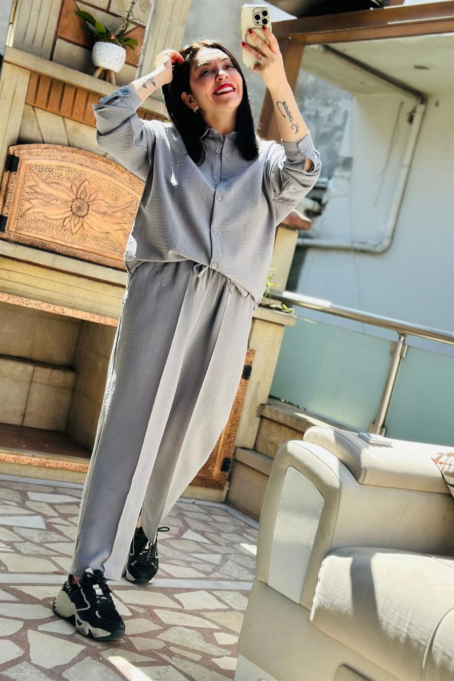 Oversize Kalıp Gömlek Şalvar İkili Takım GRİ