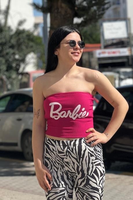 Barbie Yazılı Straplez Fitilli Crop PEMBE