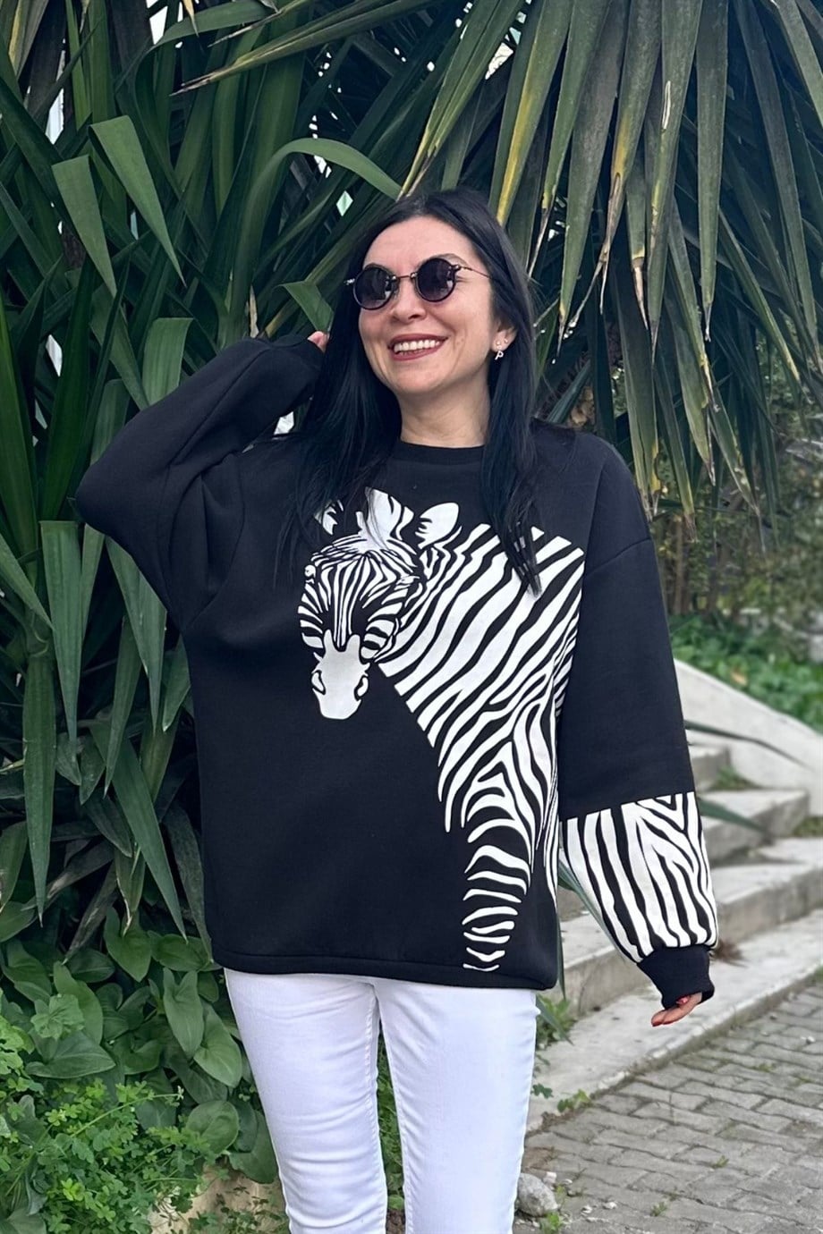 Bisiklet Yaka Zebra Desen Baskılı 3 İplik Şardonlu Sweatshirt