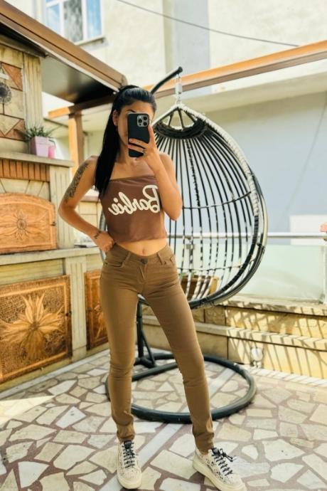 Camel Renk Skinny Jean Dar Paça 