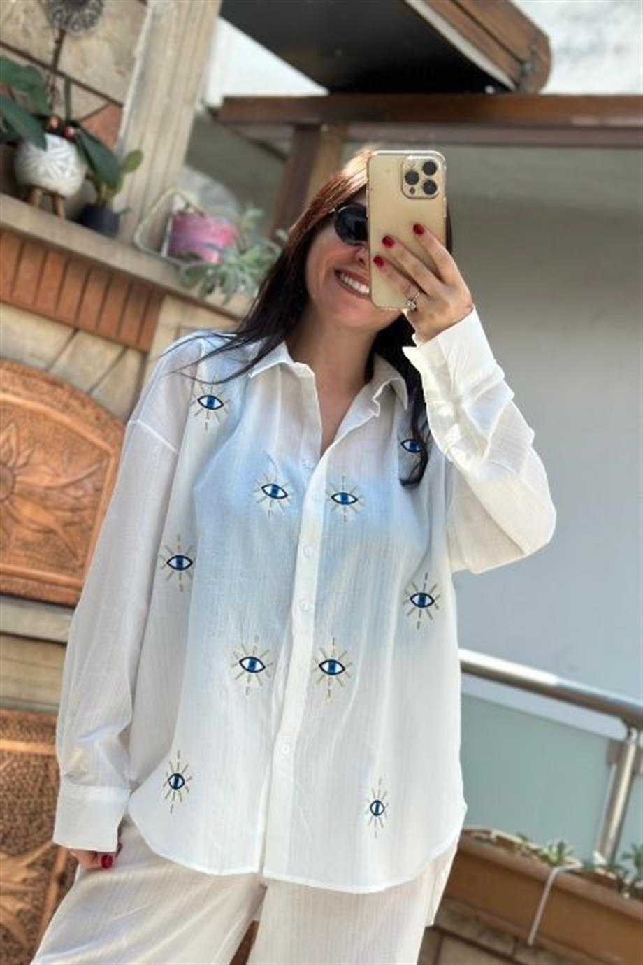 Göz Nakış İşlemeli Keten Gömlek EKRU