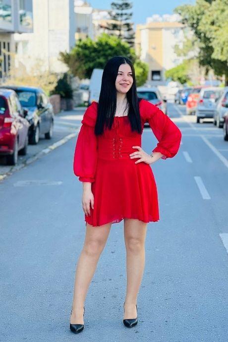 Balon Kol Model Ön Korse Detaylı Kırmızı Elbise