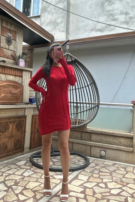 Ters Dikiş Model Uzun Kollu Kaşkorse Elbise