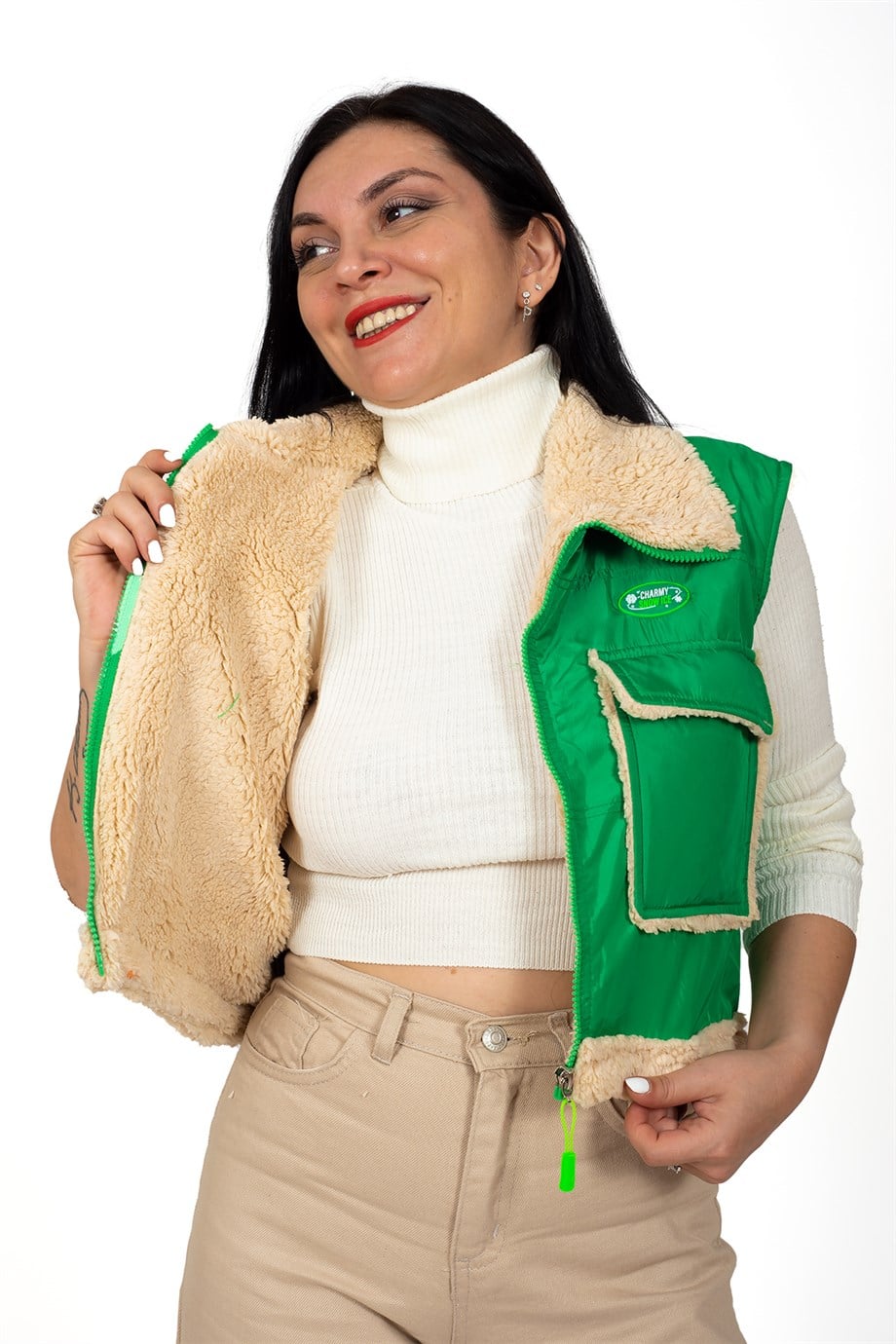 Yeşil Fermuarlı İçi Kürklü Crop Yelek