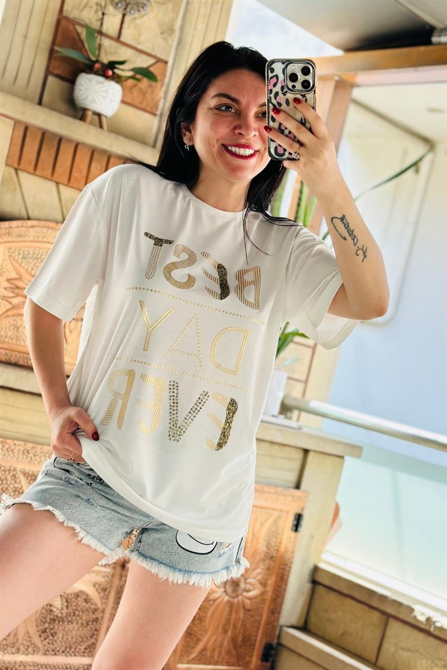 Bisiklet Yaka Gold Yazı Baskılı Tshirt SARI