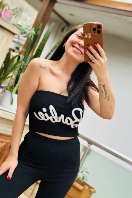 Barbie Yazılı Straplez Fitilli Crop SİYAH