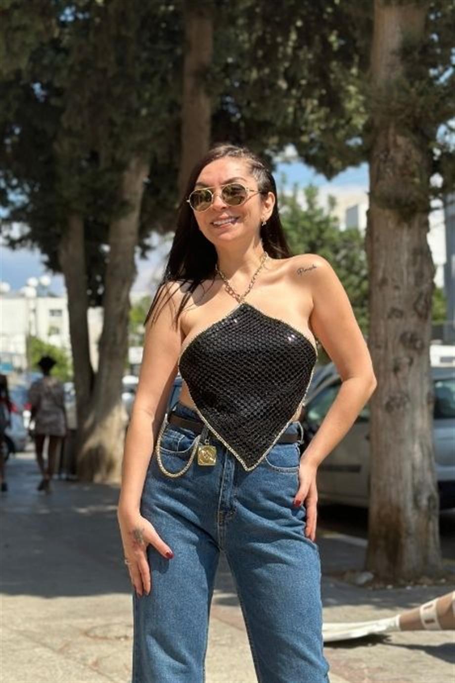 Zincirli Pullu Mendil Crop SİYAH