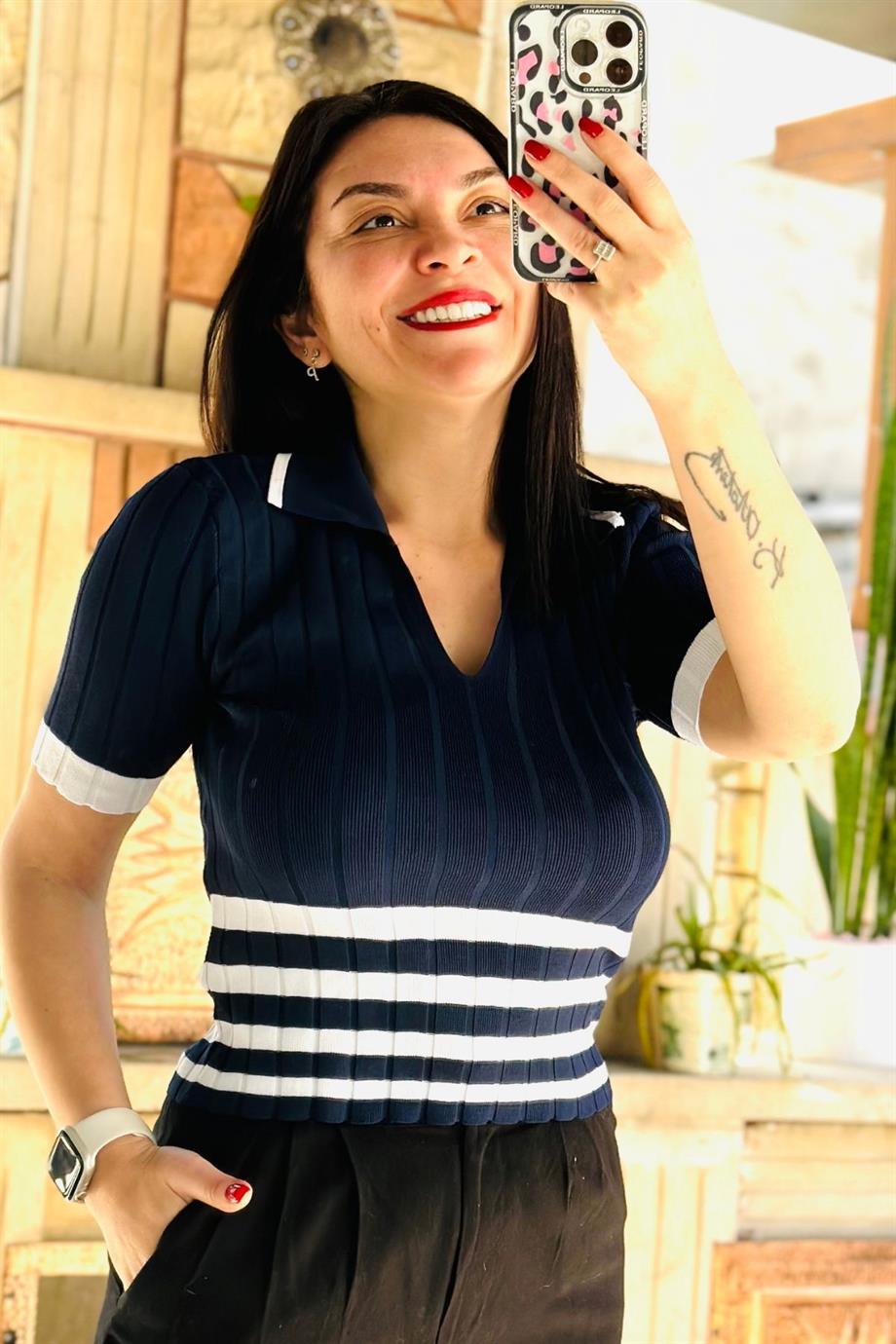 Triko Çizgili Bluz LACİVERT