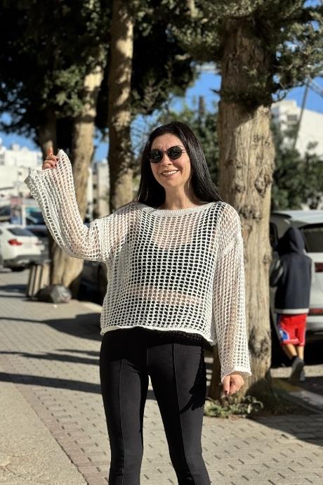Delikli Standart  Beden Kazak BEYAZ