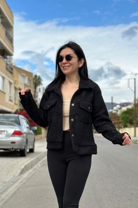Ön Cep  Detaylı Peluş Ceket SİYAH