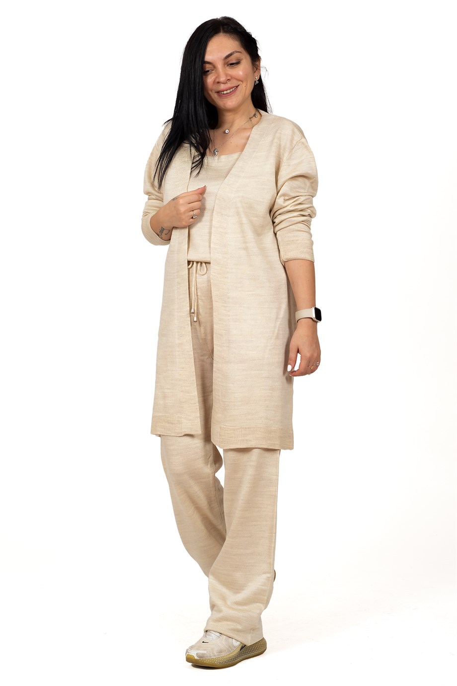 Bej Beli Lastik Bağcıklı Crop Hırka Palazzo Pantolon 3'lü Triko Takım