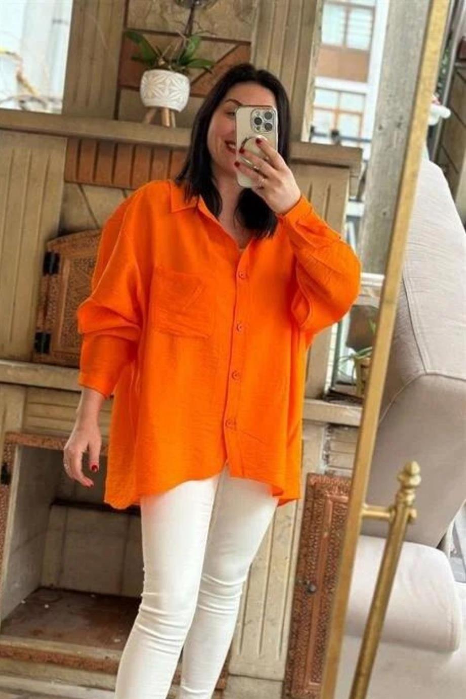 Salaş Oversize %100 Pamuklu Keten Kumaş Gömlek TURUNCU