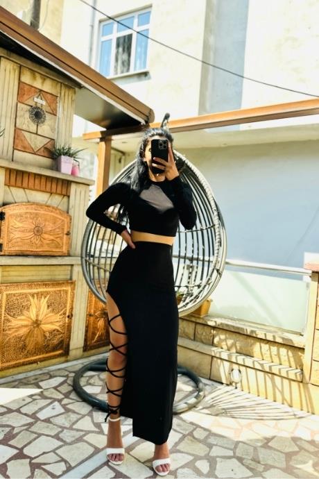 Bacak Yırtmaç Ve İp Bağlama Detaylı Sandy Kumaş Takım