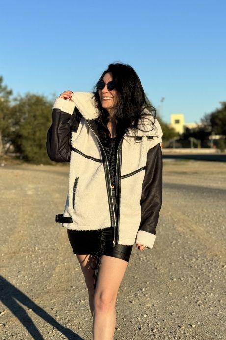 iç Süet Dışı Peluş Deri Detaylı Dik Yaka Mont SİYAH EKRU