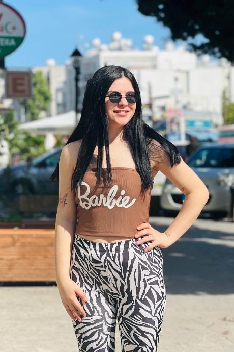 Barbie Yazılı Straplez Fitilli Crop KAHVERENGİ