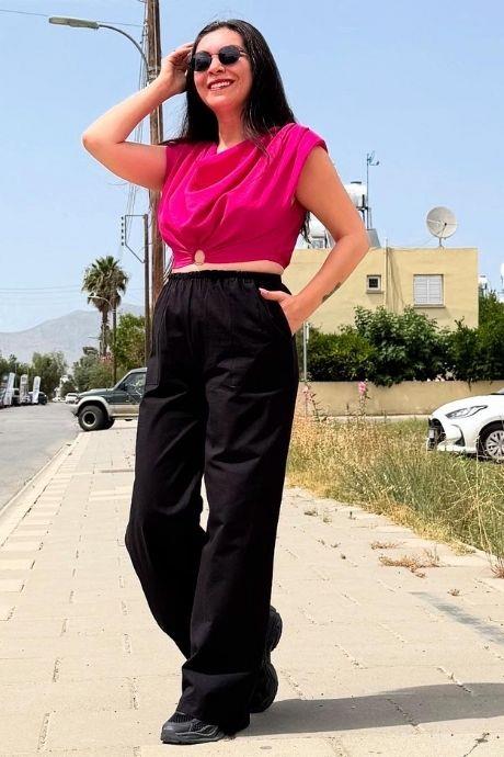 Bel Lastik Detaylı Keten Kumaş Palazzo Pantolon Siyah