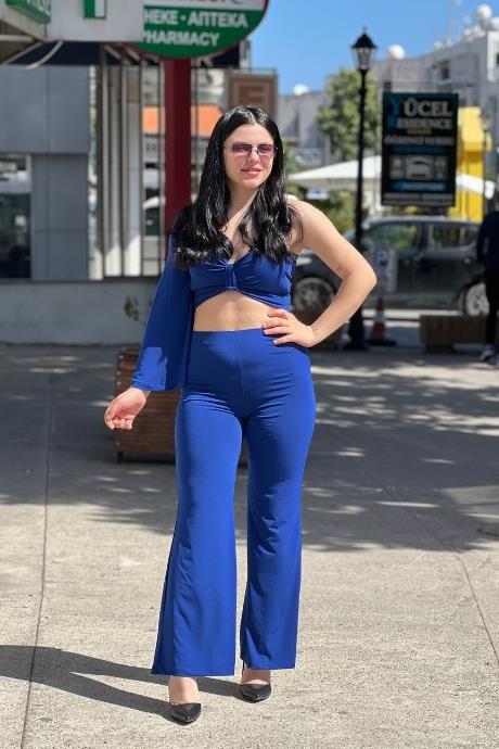 Tek Kol Yan Bağlamalı crop ve sandy Kumaş Plazzp Paça Pntolon